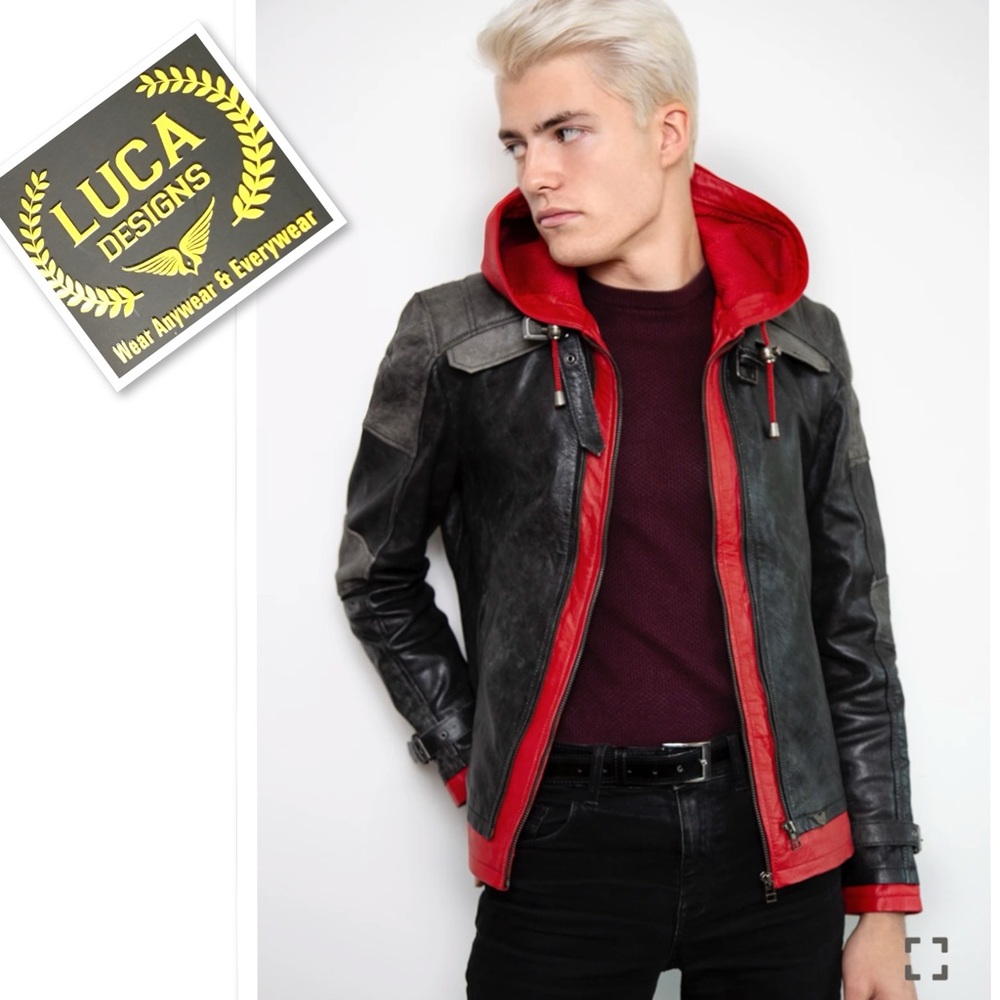 NWT Luca Designs Mens Red Hooded Leather Leather Jacket Size L